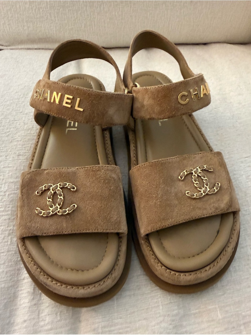 CHANEL Tan Suede Logo Strap Sandals with Gold CC Hardware
